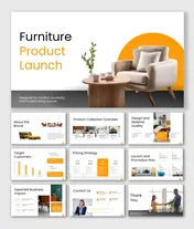 Furniture Product Launch Presentation With Modern Seating, Warm Colors, Clean Layout, And Structured Slides.