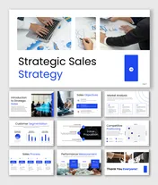 Strategic sales strategy presentation with blue theme, business charts, market analysis slides, and data visuals.