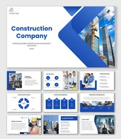 Construction Company slide with crane and skyscraper photo, blue geometric shapes and clean white layout.