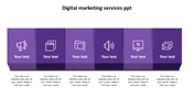 Digital marketing services PowerPoint template showcasing five sections with icons and placeholder text on a purple theme.