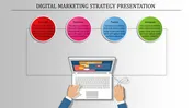 Digital marketing strategy slide showcasing four colorful circular icons from YouTube to Instagram with laptop illustration.