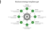 Business strategy PowerPoint template with a numbered green eight step circular gear diagram with placeholder text.