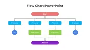 Colorful flowchart PowerPoint slide showing a process with decision points, leading to a final finish stage.