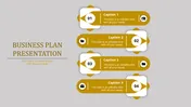 Business plan layout with four horizontal gold banners featuring icons and captions areas in a grey background.