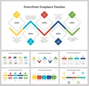 Timeline slide pack with colored diamonds and arrows in yellow, red, blue, and green, showcasing various year layouts.