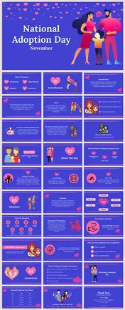 Infographic for National Adoption day slides with sections on introduction, adoption, and awareness, with illustrations.
