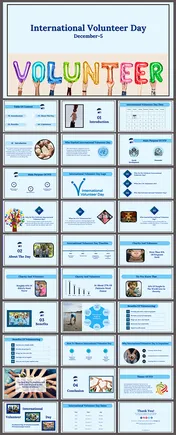 Slide deck with diverse layouts in blue tones featuring charts, timelines, and images emphasizing volunteer contributions.