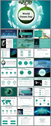 Slide deck highlighting ozone layers, depletion causes, protection, soution, and global efforts, with teal background.