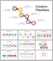 Slides featuring creative timelines utilizing round, square, and triangular shapes in various colors to represent milestones.