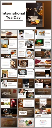 Slide deck featuring images of tea cups, benefits, celebration methods, and inspiring quotes, in warm brown tones.