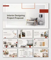 Minimalist interior proposal slide deck featuring a gray armchair and glass lamp on a white floor with brick wall background.