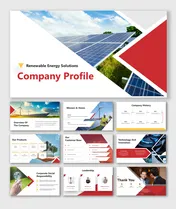 Renewable energy profile slides showcasing company history, customer base, leadership, and innovative energy solutions.