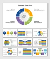 Business Objectives slide showcasing colorful infographic designs with segmented visuals and placeholder captions.