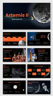 Artemis II lunar flyby presentation featuring mission objectives, crew, timeline, and spacecraft visuals in a sleek design.