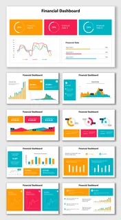 Colorful financial dashboard templates showcasing graphs, charts, and data visuals for analytics and reporting.