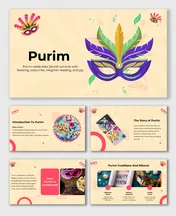 Purim slides with festive masks, traditions, Megillah reading, Mishloach Manot, feasting, storytelling & joyful customs.