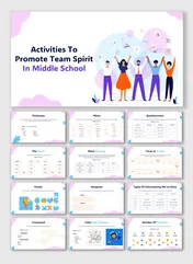 Activities To Promote Team Spirit In Middle School with games, colorful icons, team tasks, scoreboards, and drawings.