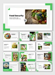 Food Security slides with globe-shaped grain art, veggies, green accents, white layout, and bold black headings.