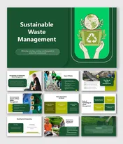 Sustainable Waste Management slides with recycle icons, green theme, cleanup photos, 5Rs concept, and compost visuals.