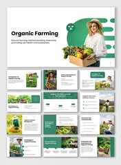 Organic Farming slides with green-white theme, farmer images, crop visuals, charts, and icons for practices and benefits.