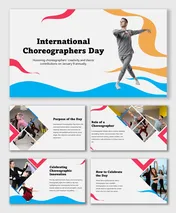International Choreographers Day slides with dancers, wave shapes, red-blue tones, and text on purpose, role, and celebration