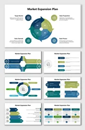 Market Expansion Plan slides with green-blue arrows, icons, and steps covering sales, target market, and value proposition.