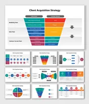 Client Acquisition Strategy slides with funnel stages, team roles, and lifecycle flow using color-coded blocks and icons.