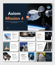 Axiom Mission 4 slides show SpaceX Dragon, crew, rocket launch, mission facts, goals, timeline, and ISS science.