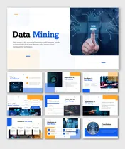 Blue-orange Data Mining slides with charts, icons, and visuals explaining techniques, tools, and applications.