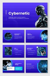 Cybernetic slides with robots, VR, smartphone, circuit graphics, blue theme, circular shapes, text holders.