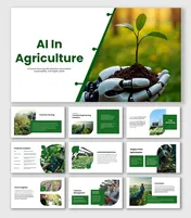 AI In Agriculture template with robot hand holding plant, smart farming, irrigation, and crop monitoring visuals.