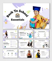 Back To School Essentials slides with kids, books, stationery icons, purple theme, and text holders.
