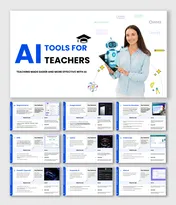 AI Tools For Teachers slides with robot, woman, blue-white theme, tool names, icons, features, pros and cons.