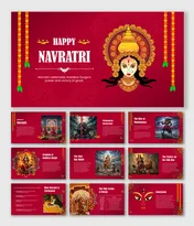 Navratri Story deck with Goddess Durga, Mahishasura fight, nine forms, rituals, red theme, garlands, diyas, and text holders.