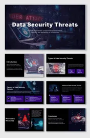 Data Security Threats slides with dark theme, laptops, hackers, red warning icons, padlocks, purple text holders, and alerts.