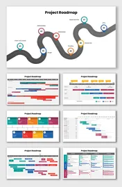Project Roadmap PowerPoint with curved path, milestones, timeline charts, and colorful data visuals.