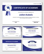 Academic Certificate set with blue ribbons, student name fields, date, signature areas, and decorative borders.