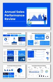 Annual Sales Performance Review slides showing charts, graphs, KPIs, revenue data, customer stats, and performance trends.