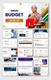 The Budget 2026 slides show finance minister image, rupee icons, charts, tax tables, and blue orange layout shapes neat.