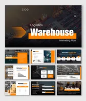 The Logistics Warehouse Marketing Plan slides show warehouse photos, pricing charts, KPIs, icons, and bold orange layouts.