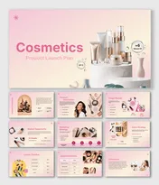 The Cosmetics Product Launch slides show beauty products, market charts, icons, and soft pink gradient layout designs.