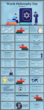 A World Philosophy day slides covering the history, values, types, and benefits of philosophy with illustrations.