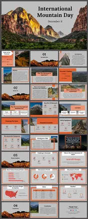 International mountain day slide deck with a mountain image and topics like mountain history and global mountain facts.