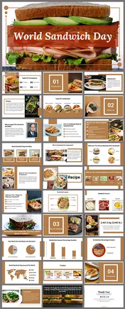 Slide deck showcasing different sandwiches, preparation steps, sauces, and nutritional insights, in brown theme.