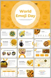 World emoji day template featuring colorful slides on emoji history, digital communication, and pop culture.