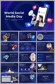World social media day, including slides on history, digital well-being, activism, and marketing strategies with visuals.