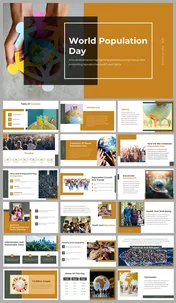 Informative slide deck for world population day, featuring sections on history, trends, family planning, and migration.