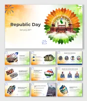 Celebrate Republic Day with slides featuring history, Padma Awards, guest roles, and symbolic unity in the tricolor palette.