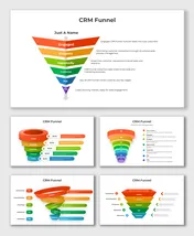 CRM funnel visuals showcasing lead stages from prospect to SQL and MQL, with colorful, layered funnel designs.