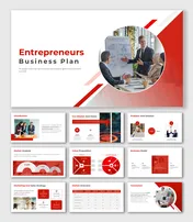 Entrepreneurs Business Plan slide with bold red-white theme, charts, mission, market analysis, and value proposition visuals.